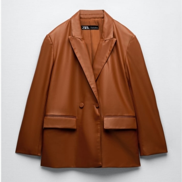 NWT Zara Balmain Style Oversized Leather Brown Camel Blazer Jacket - Picture 3 of 4
